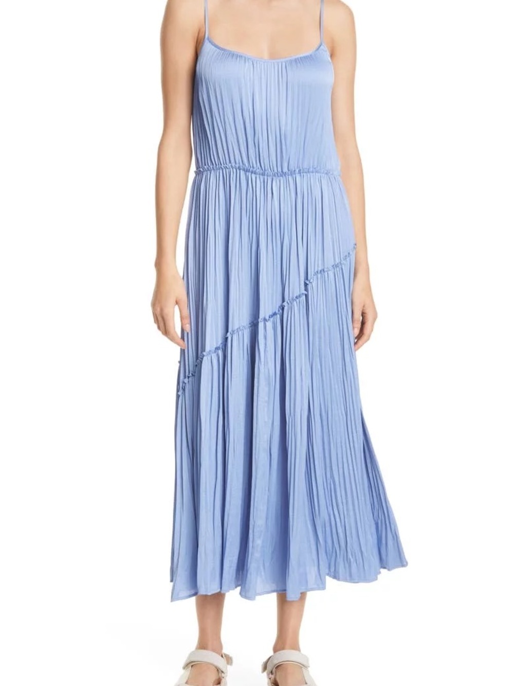 Vince Tiered Asymmetric Pleated Midi Dress Blue XS